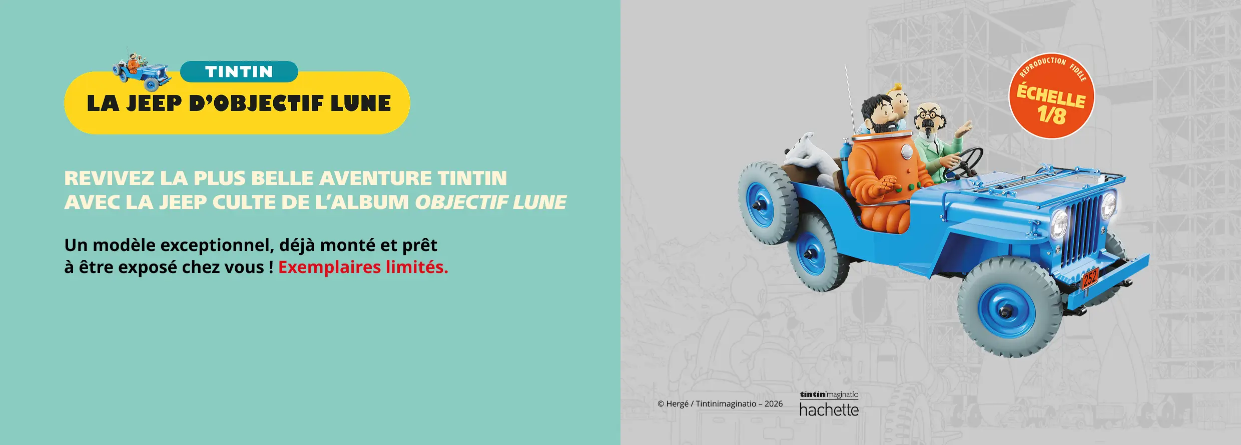 La Jeep d'Objectif Lune - Revivez la plus belle aventure Tintin avec la Jeep culte de l’album Objectif Lune. Un modèle exceptionnel, déjà monté et prêt à être exposé chez vous ! Exemplaires limités.
